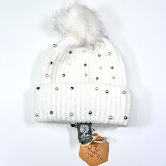 Vince Camuto Accessories - NWT - Vince Camuto - Embellished Faux Fur Pom-Pom Winter White Beanie